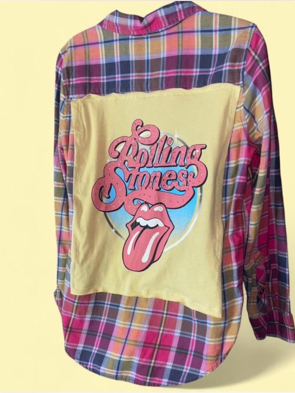 Upcycled Sonoma Rolling Stones Plaid Button-Down Shirt with rhinestones - Picture 4 of 15